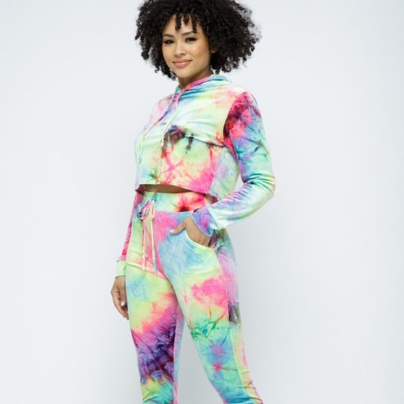 Women's Tie Dye Long Sleeve Crop Hoodie Elastic Waist Leggings -2 Piece Set - Picture 2 of 7